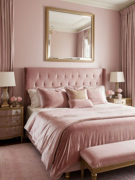 Pink Wall Pictures, Old Money Bedroom Aesthetic, Aesthetic Wall Pictures, Old Money Bedroom, Girly Interior, Interior Design Pink, Tufted Headboard Bedroom, Pink Decor Ideas, Dusty Pink Bedroom