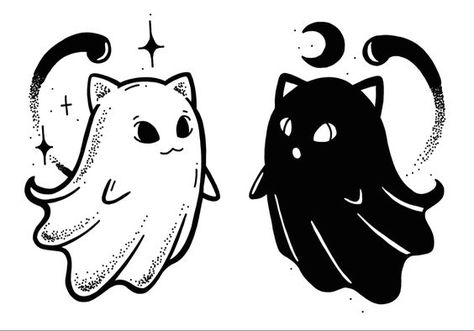 Simple Ghost Tattoo Ideas, Matching Ghost Cat Tattoos, Friendship Cat Tattoos, Spooky Friendship Tattoos, Bff Cat Tattoos, Kawaii Ghost Tattoo, Gothic Matching Tattoos For Best Friends, Halloween Ink Drawings, Goth Friend Tattoos