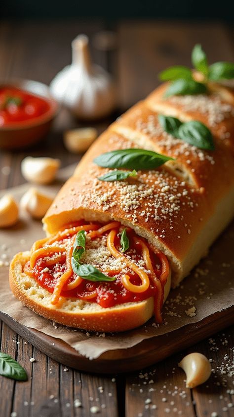 Spaghetti Stuffed Garlic Bread Spaghetti Stuffed Garlic Bread, Stuffed Garlic Bread, Best Spaghetti, Hearty Casseroles, One Pot Dishes, Easy Homemade Recipes, Garlic Recipes, 30 Minute Meals, Quick Snacks