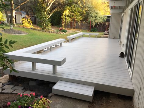 A New Deck For An Old Mid Century Modern Home - Mid Century Modern Porch, Mid Century Deck, Mid Century Modern Deck, Porch And Patio Paint, Mid Century Modern Backyard, Mid Century Modern Landscaping, Mid Century Bungalow, Deck Bench, Front Path