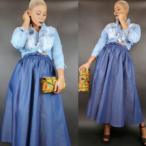 Lets Call This One Perfect For The Short Girls, And Nice Length On The Tall Girls. Denim Skirt Is A Onesize. Fits Medium To 2x, And Some 3x. Skirt Is Cotton Denim Material, With Elastic Waistband. Skirt Has Pockets, With Belt Attached. Note: All Items Are Brand New Afrotech Outfits, Hobble Skirt, Elastic Waistband Skirt, A Line Denim Skirt, Velvet Midi Skirt, Modesty Outfits, Faux Suede Skirt, Long Denim Skirt, Pinup Couture