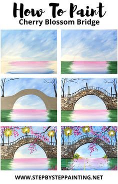 Cherry Blossom Bridge, Bridge Painting, Nature Hd, Canvas Painting Tutorials, Painting Art Lesson, Canvas Painting Diy, Spring Painting, Acrylic Painting Tutorials, Simple Acrylic Paintings