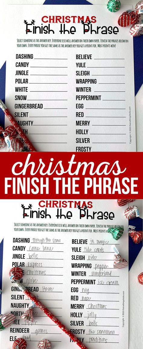 We love to play games during Christmas break. This Christmas Finish the Phrase Printable is a big hit at our house. #christmas #christmasgames #christmasprintable #christmasprintablegames Christmas Finish My Phrase Game, Christmas Finish My Phrase Free Printable, Free Christmas Games To Print, Christmas Break Ideas, Free Printable Christmas Games, Christmas Printable Games, Free Christmas Games, Finish The Picture, Work Games