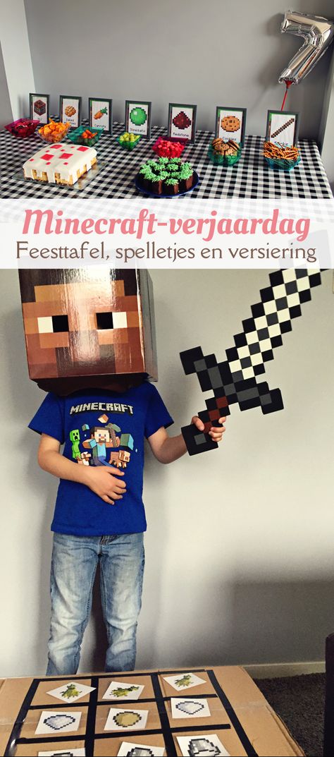 MizFlurry: Minecraft-feestje deel 3: verjaardag thuis (feesttafel, versieringen en spelletjes) Diy Party Themes, Minecraft Party Food, Bday Party Kids, Gratis Printables, Minecraft Birthday Party, Birthday Party Crafts, Minecraft Birthday, Minecraft Party, Diy Printables