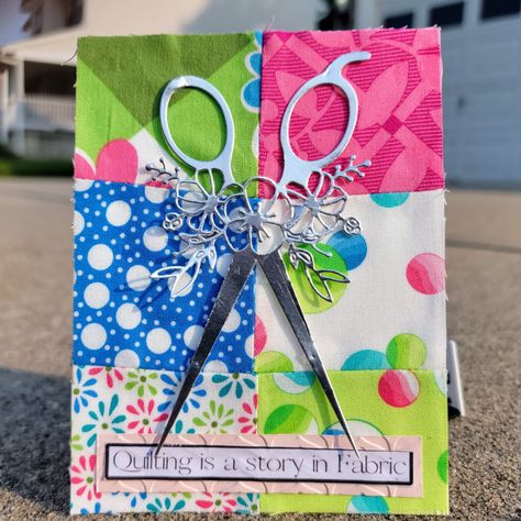 I've realized that my quilting scissors resemble hairdresser scissors, but that's alright. They are the only die-cut scissors I own and they reminded me of quilting. Creating this card was a simple and enjoyable process. I used silver foil paper to cut out the scissor shapes, as using colored paper made them blend too much into the background. To create the base of the card, I sewed together a mini charm pack and printed out the sentiment. I used fabric glue to attach the fabric to the cards Cards With Charms Attached, Hairdresser Scissors, Happiness Challenge, Monthly Themes, Foil Paper, Mini Charm, Fabric Glue, Charm Pack, Card Challenges