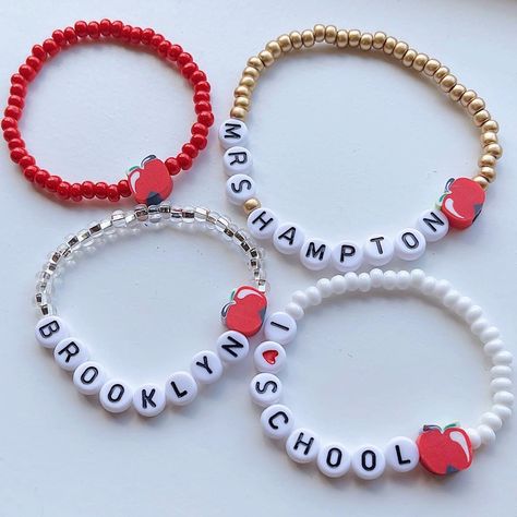 Personalized Teacher name gifts. Follow me on IG: @brooklynrosebeads Back To School Bracelets, School Bracelets, Apple Jewelry, Kids Bead Bracelet, First Day Of School Gift, Personalized Teacher Gifts, Teacher Name, Gifts Personalized, School Gift