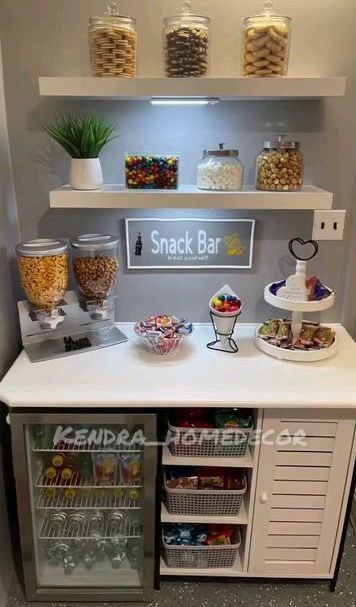 Snack Shelf Ideas, Office Snack Station Ideas, Office Snack Bar, Snack Bar Design, Snack Bar Ideas Home, Snack Bar Ideas, Hangout Room, Snack Organizer, Movie Room Decor