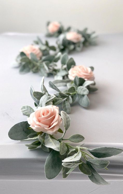 Lambs Ear Garland, Cheap Wedding Table Centerpieces, Blush Wedding Centerpieces, Flowers And Greenery, Unique Wedding Flowers, Wedding Floral Centerpieces, Greenery Garland, Table Runners Wedding, Flower Centerpieces Wedding