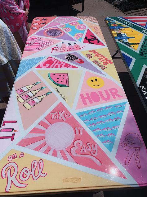 Aesthetic Pong Table, Cute Pong Tables, Girly Pong Table, Traffic Cone Painting Ideas Aesthetic, Girl Pong Table Ideas, Painting Ideas On Traffic Cones, Beer Pong Table Painted Pink, Beer Pong Table Painted Country, Diy Beer Pong Table Designs