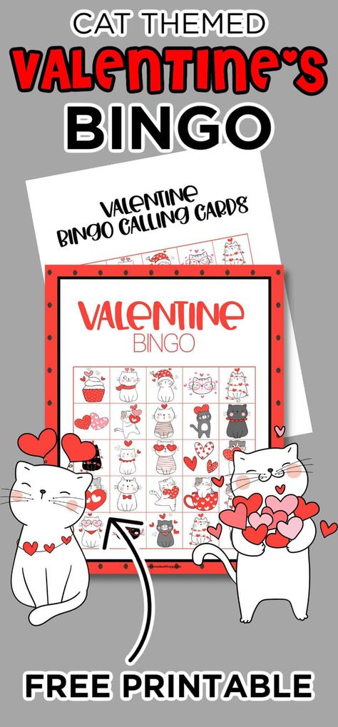 Have some cat-themed free printable valentines bingo game fun with these free printable Valentine's bingo cards and calling cards. A great game full of lots of fun this Valentine's Day. Valentine Bingo Free Printable, Bingo Prize Ideas, Valentines Day Bingo, Valentines Bingo, Free Printable Valentines, Crayon Valentines, Valentine Bingo, Heart Shaped Candy, Gift Baskets For Men