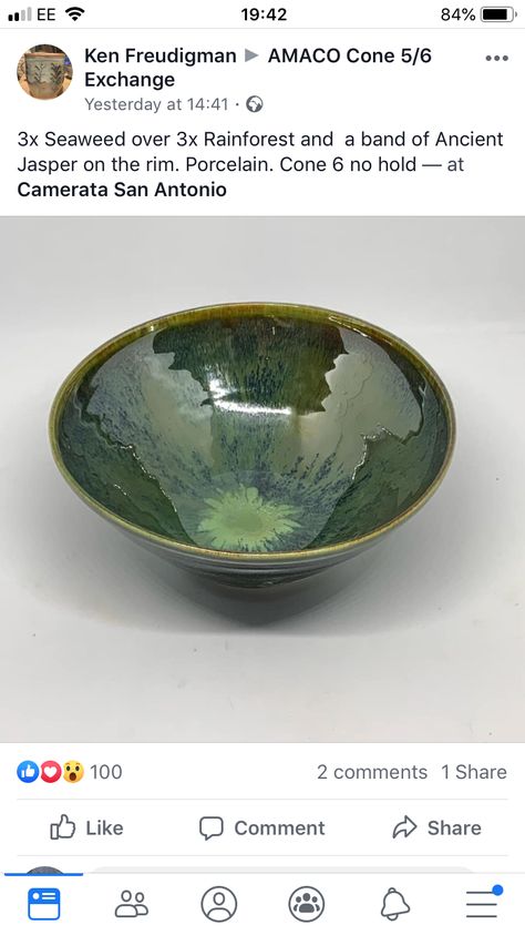 Dark Green Pottery Glaze, Amaco Green Glazes, Mayco Glaze Rainforest, Amaco Rainforest Combinations, Seaweed Glaze, Emerald Falls Glaze Combinations, Green Glaze Combinations, Pottery Patterns, Green Pottery