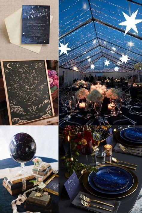 Star Themed Bridal Party, Night Court Aesthetic Acotar Wedding, Nightcourt Acotar Wedding, Celestial Wedding Theme Starry Nights, Galaxy Bridal Shower Ideas, Night Court Wedding, Space Wedding Theme, Starlight Wedding, Gold Bridal Party