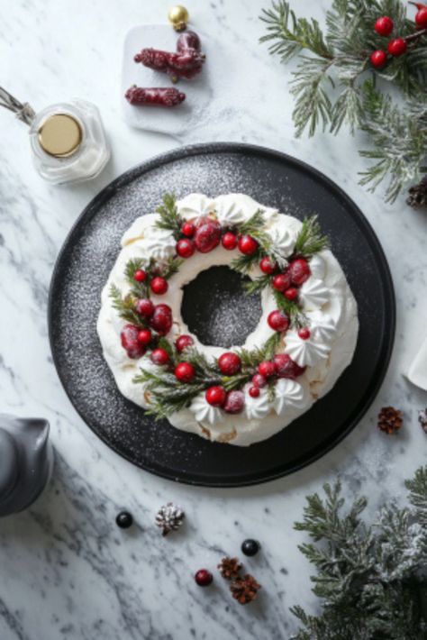 Christmas Pavlova Wreath Recipe: A Snowy Dessert Wonderland for the Holidays! - The Fresh Man cook Winter Pavlova Recipe, Pavlova Wreath Recipe, Pavlova Recipe Christmas, Pavlova Christmas Wreath, Pavlova Wreath Christmas, Gingerbread Pavlova, Pavola Desserts, Pavlova Grazing Platter, Christmas Pavlova Ideas