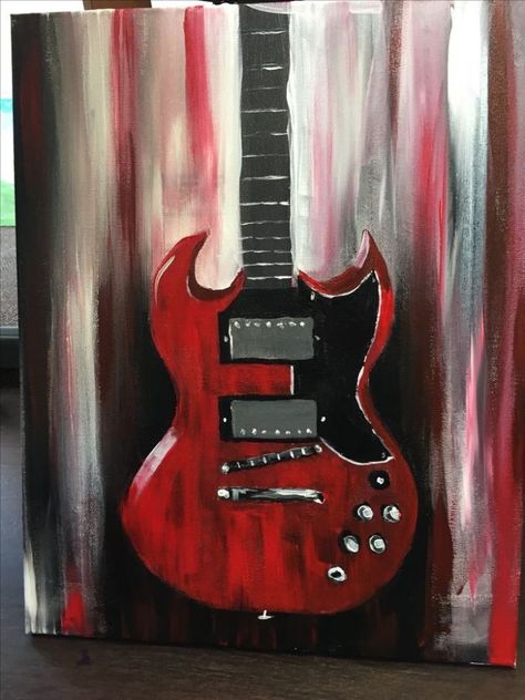 Rockstar Painting Ideas, Music Related Paintings, Electric Guitar Painting On Canvas, Guitar Painting Ideas On Canvas, Electric Guitar Painting Ideas, Rockstar Painting, Painting Ideas Music, Bass Guitar Painting, Art Guitar Painting