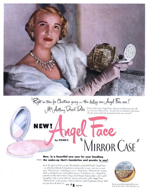 Angel Face - 19501200 LHJ 1950’s Makeup, Rockabilly Makeup, 50s Makeup, Vintage Makeup Ads, Beauty Campaign, Face Mirror, Makeup Ads, Mirror Case, Beauty Ad