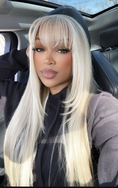 Platinum Blonde Hair Lace Wig, Platinum Hairstyles For Black Women, Blonde And Black Ombre Hair, 613 Wig With Bangs, Blonde Bob Sew In, Pink Wigs Hairstyle, Platinum Blonde Wig Hairstyles, Long Blonde Hair On Black Women, Blonde Bang Wig Black Women