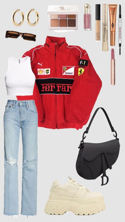 Ferrari jacket fit🏁 #f1 #f1outfit #beauty #makeup #outfits #outfit #outfitinspiration Red Ferrari Jacket, Ferrari Jacket Outfit, Racing Jacket Outfit, Ferrari Vintage, Ferrari Jacket, Race Outfit, Red Ferrari, Race Day Outfits, Jacket Outfit Women