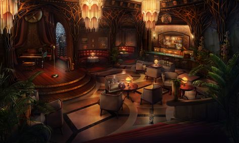 http://www.bigfishgames.com/games/11859/donna-brave-and-the-strangler-of-paris-ce/ Fantasy Dining Room Concept Art, Fantasy Gambling Den, Hotel Concept Art, Speakeasy Art, Lounge Aesthetic, Penthouse View, Episode Backgrounds, Fantasy Rooms, Hotel Lounge