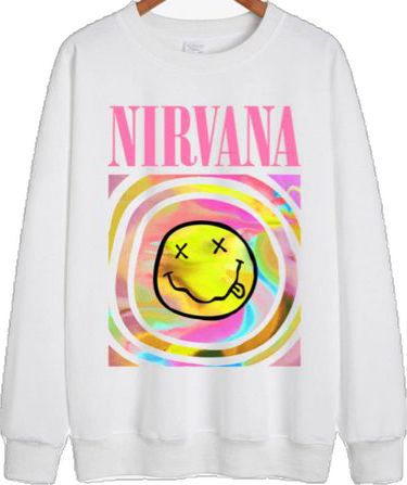 Nirvana Sweatshirt, Nirvana Smiley Face, Face Print, Fresh Kicks, Preppy Outfit, Smile Face, Smiley Face, White Sweatshirt, Nirvana