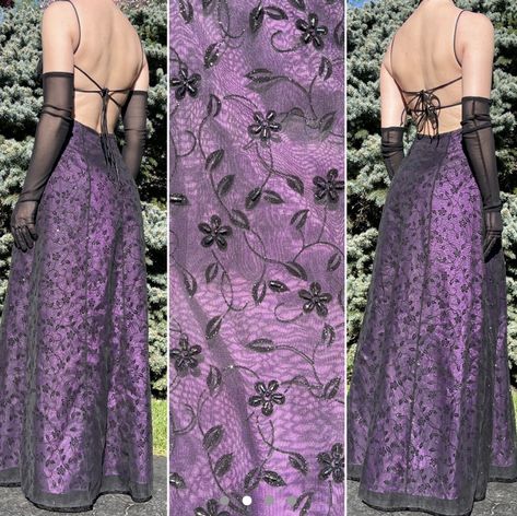 Purple And Black Lace Dress, Funky Prom Dresses Retro Vintage, Night In The Bayou Prom Dress, 90s Prom Dress Grunge Purple, Unique Ball Dresses, Vintage Prom Dresses 90s Purple, Late 90s Prom Dress, Dark Purple Prom Dress Aesthetic, 90s Purple Prom Dress