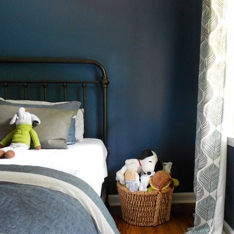 Navy blue bedroom color scheme with walls in Benjamin Moore's Van Deusen Blue Benjamin Moore Van Deusen Blue, Navy Paint Color, Deep Blue Paint, Benjamin Moore Bedroom, Blue Bedroom Paint, Dark Blue Paint Color, Navy Paint Colors, Blue Bedroom Colors, Navy Blue Bedroom