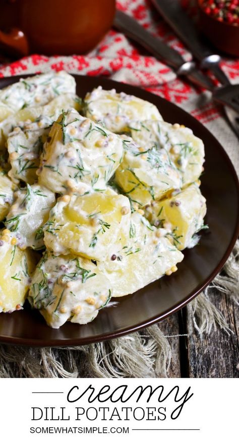 This Easy Recipe For Dill Potatoes Is Very Nostalgic For Me.  Growing Up My Dad Would Always Use Dill When Making These Delicious And Creamy Dill Potatoes For Dinner.  These Potatoes Are So Versatile And Can Be Used For Dinner, A BBQ With Friends Or For An Afternoon Snack. #dillpotatoes #easyrecipe #sidedish #bbq #dinnerrecipe Dill Potato Salad, Dill Potato, Dill Potatoes, Garlic Cream Sauce, New Potatoes, We Got Married, Potato Side Dishes, Potatoes Recipe, Russian Recipes