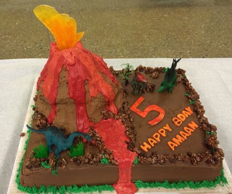 Dinosaur cake with volcano and flowing lava Lava Party, Homemade Volcano, Volcano Cake, Dinosaur Cakes, Dinosaur Cupcakes, Floor Is Lava, Dino Cake, Dinosaur Birthday Cakes, Dinosaur Cake