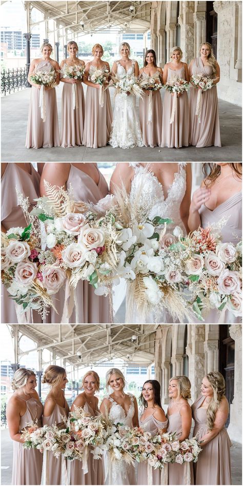 Blush Pink Pampas Wedding, Taupe Wedding Bridesmaid Dresses, Light Beige Wedding Theme, Light Pink And Beige Bridesmaid Dresses, Lace Wedding Dress With Bridesmaids, Nude And Pink Bridesmaid Dresses, Champagne Bridesmaid Dresses With Pink Flowers, Taupe And Pink Wedding, Beige And Pink Wedding Color Schemes