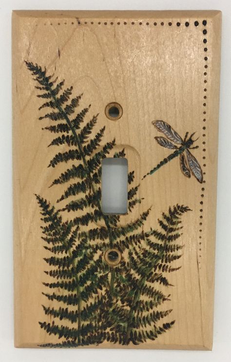 Single light switch cover. Fern and dragonfly watercolor design, sealed with an all-natural shellac. Comes with the hardware. Diy Lightswitch Cover Ideas, Diy Light Switch Cover Ideas, Light Switch Cover, Wooden Light Switch Covers, Wood Switch Plate Covers, Wood Burned Light Switch Cover, Rustic Light Switch Covers, Ocean Light Switch Cover, Interior Design Classes