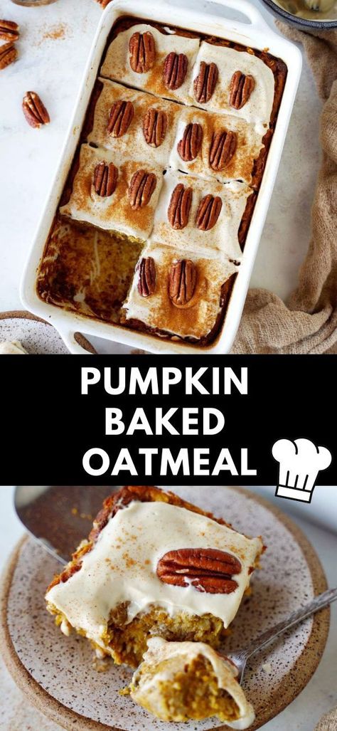 This one-pan pumpkin baked oatmeal with pumpkin spice and maple syrup is the perfect fall breakfast. It's quick and easy to prepare, wonderfully cozy and warming, meal prep friendly, and 100% dairy-free, egg-free, oil-free, refined sugar-free, and gluten-free! #pumpkinbakedoatmeal #pumpkinbakedoats #pumpkinoatmealbake #bakedpumpkinoatmeal #elasrecipes | elavegan.com Pumpkin Baked Oatmeal, Oatmeal Baked, Baked Pumpkin Oatmeal, Vegan Pumpkin Recipes, Easy Sweets, Pot Dinners, Fall Breakfast, Baked Oats, Breakfast Bars