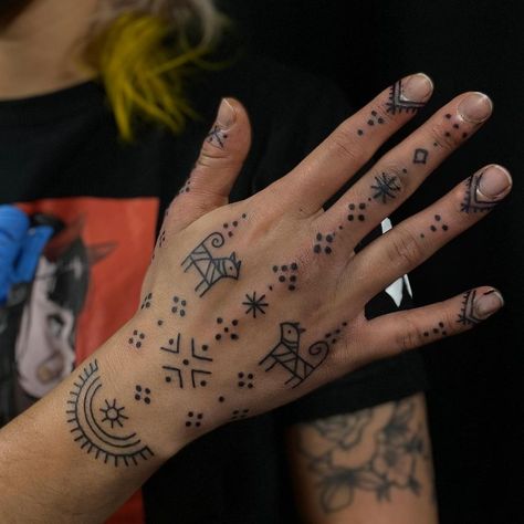 Tattoo by Ciara Havishya #CiaraHavishya #tribal #neotribal #patternwork #pattern #handtattoo #fingertattoo | Mar 24th 2021 | 1547543 Berber Finger Tattoo, Symmetrical Hand Tattoo, Folk Hand Tattoo, Ceremonial Tattoos, Ethnic Tattoos For Women, Vedic Tattoo, Pattern Hand Tattoo, Healing Hand Tattoo, Dot Hand Tattoo