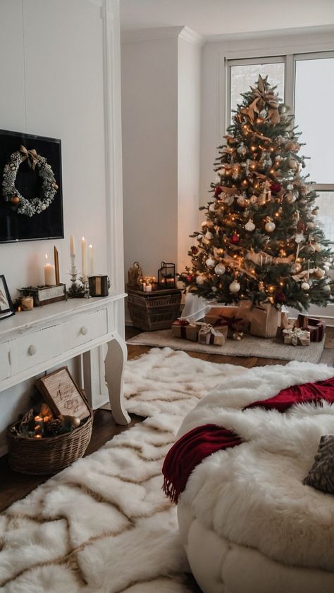 Transform your space into a cozy Christmas room decor haven with these bedroom ideas Get inspired by aesthetic DIY ideas for living Living room ideas for teens with a modern simple and stylish touch Elevate your space with a festive coffee table small living areas and cozy bay window vibes Cozy Christmas Room, Christmas Room Decor Ideas, Stylish Living Room Ideas, Plaid Blankets, Aesthetic Diy, Pine Garland, Hanging Stockings, Christmas Decorations Bedroom, Christmas Room Decor