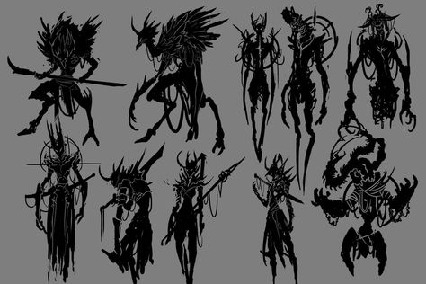 Demon Body Markings, Demon Design Character Concept, Demon Silhouette Tattoo, Demon Sillouhette, Demon Silhouette, Demonic Design, Demons Design, Boss Concept Art, Tail Designs Demon