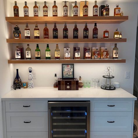 BROOKLYN GIRL - Contemporary - Home Bar - New York - by d2 interieurs | Houzz AU Floating Shelves Above A Bar, Bar With Floating Shelves, Whiskey Collection, Japanese Whiskey, Custom Floating Shelves, Brooklyn Girl, Walnut Creek, Dry Bar, Home Remodel