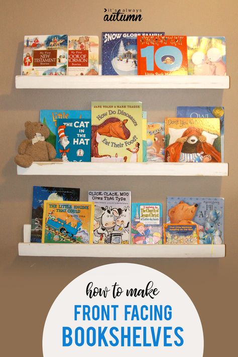 How to make front facing bookshelves to store and display books in a kid's room! DIY kids bookshelves. #bookshelves Front Facing Bookshelf, Diy Bookshelf Kids, Book Typography, Bookshelf Diy, Hide Tv, Homeschool Space, Ikea Craft Room, Bookshelf Ideas, Handmade Cards Diy