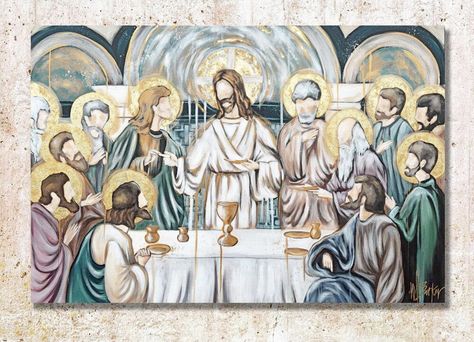 Last Supper Painting Modern, Faceless Painting, Last Supper Painting, Last Supper Art, Secret Supper, The Last Supper Painting, Lord's Supper, Catholic Home Decor, Catholic Home