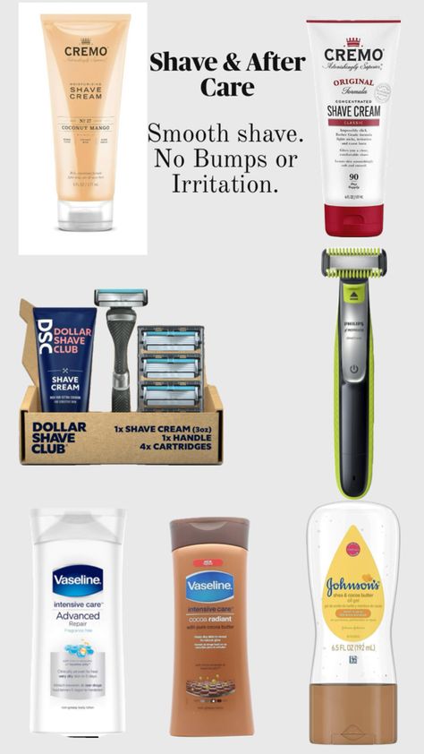 Cremo shave cream for smooth shave, no bumps or irritation. Dollar Shave Club Razor and Philips Norelco One Blade Electric Razor, smooth, close to skin shave and not irritation. Vaseline intensive care advanced repair lotion. Shave with Johnson’s baby oil for super smooth shave Vaseline Intensive Care, Skin Care Basics, Dollar Shave Club, After Care, Shave Cream, Smooth Shave, Butter Oil, Electric Razor, Baby Oil