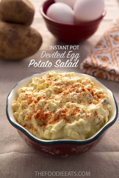 Instant Pot Deviled Egg Potato Salad | This potato salad recipe is a family tradition. It's kinda like potato salad and egg salad had a baby. There's something so special about it that you will immediately fall in love with it. And it's SO simple! Quick Potato Salad, Egg Potato Salad, Pressure Cooker Potatoes, Deviled Egg Potato Salad, Egg Potato, Potato Salad With Egg, Salad Recipes Video, Potato Salad Recipe, Deviled Egg