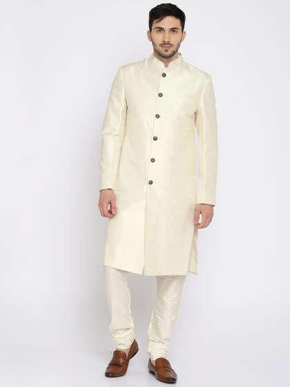 11513423538045-Ethnix-Cream-Coloured-Self-Design-Sherwani-4341513423537758-1 Mens Sherwani, Sherwani For Men, Cream Colour, Chef's Jackets, For Men, Cream, How To Wear, Clothes, Design