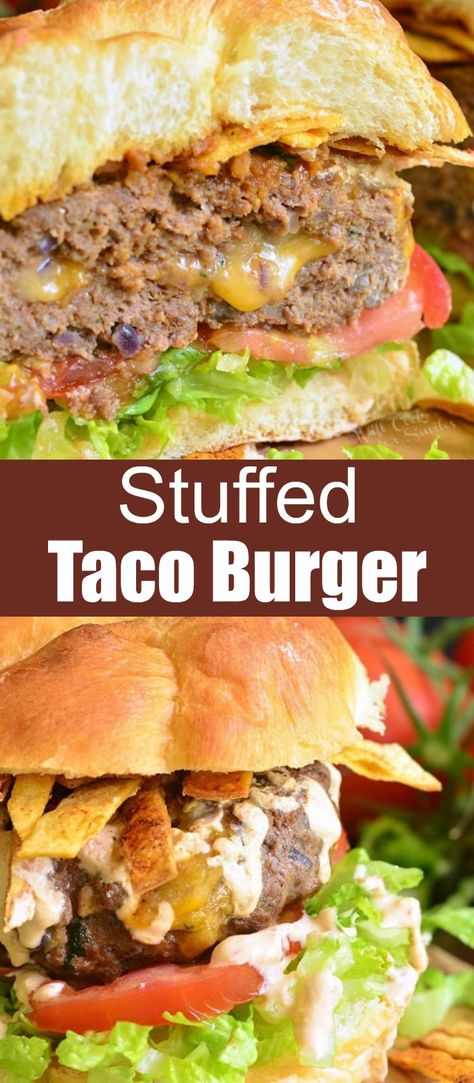 Stuffed Burgers Recipes, Stuffed Burgers On Grill, Taco Burgers Ground Beef, Loaded Hotdogs, Taco Burgers Recipe, Stuffed Burger Recipes, Chili Burgers, Meaty Chili, Taco Burgers