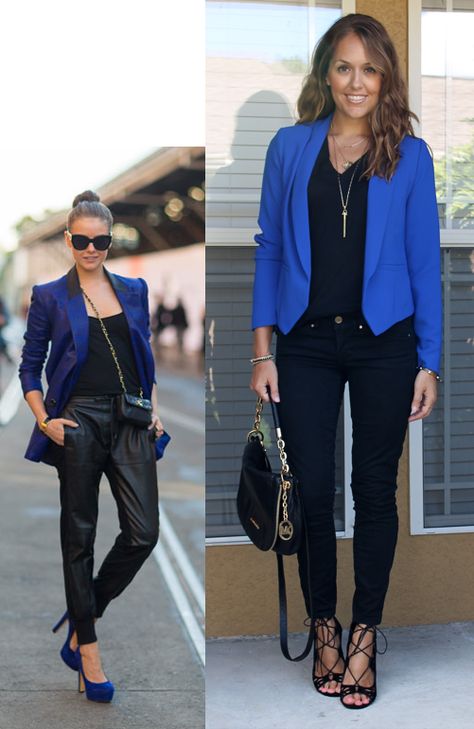 blue blazer;  black faux leather jeans;   long, skinny necklace;  big, black bag Blue Blazer Outfits For Women, Cute Blazer Outfits, Yellow Blazer Outfit, Cobalt Blazer, Blue Blazer Outfit, Best Blazer, Blazer Outfits For Women, Look Formal, Jeans Outfit Summer