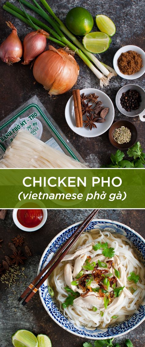 Ingredients for making chicken pho. Vietnamese Chicken Pho Recipe, Pho Thai Soup, Quick Chicken Pho, Homemade Chicken Pho Recipe, Chicken Soup Asian Style, Chicken Pho Broth Recipe, Vietnamese Pho Soup Recipe Chicken, Rotisserie Chicken Pho Recipe, Chicken Pho Recipe Authentic