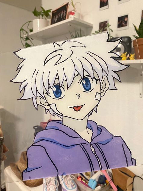 Famous Anime Drawing, Killua Glass Painting, Drawing On Glass Ideas, Anime Glass Art, Art Painting Videos, Anime Character Painting, Badass Tattoo Ideas, Glass Art Painting, Famous Anime