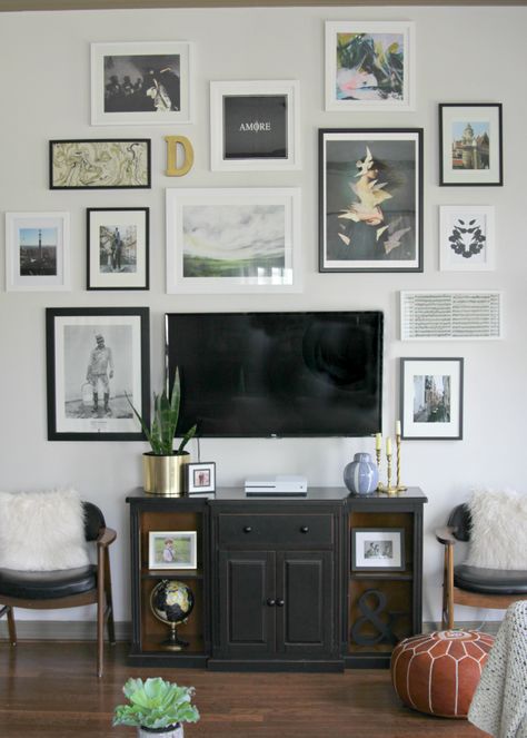 Sara’s Houston Townhouse Makeover Gallery Behind Tv, Tv Mount Gallery Wall, Gallery Wall Mounted Tv, Photo Wall Above Tv, Art Wall With Tv, Gallery Around Tv, Short Tv Stand, Decorate Above Tv, Townhouse Makeover