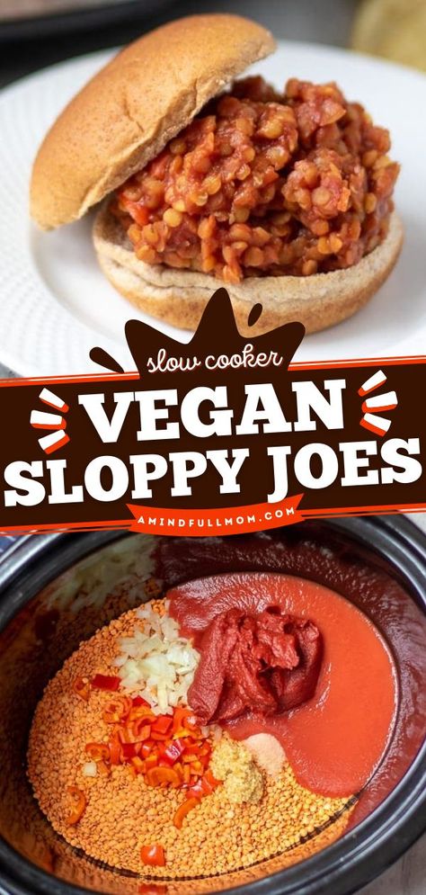 Slow Cooker Vegan Sloppy Joes, dinner ideas, crockpot recipes Slow Cooker Vegan, Easy Crockpot Meals, Lentil Sloppy Joes, Vegan Sloppy Joes, Sloppy Joe Recipe, Vegan Slow Cooker Recipes, Vegan Crockpot Recipes, Vegetarian Slow Cooker Recipes, Vegan Crockpot