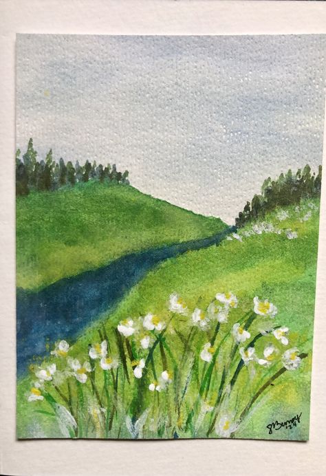 Watercolor creek river flowers daisies peaceful landscape summer spring Watercolour Landscape Easy, River Watercolor Painting, Homemade Calendar, River Watercolor, Watercolor Painting Easy, Spring Scenes, Flowers Daisies, Lake Scene, Spring Scene