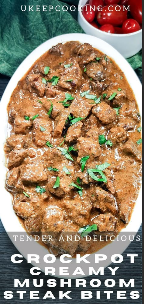 Beef And Mushroom Crockpot, Recipes Using Beefy Mushroom Soup, Beef Stew Cream Of Mushroom, Swiss Steak Recipes Crockpot, Mushroom Steak Bites, Creamy Mushroom Steak, Deer Tenderloin Recipes, Deer Steak Recipes, Beef And Mushroom Recipe