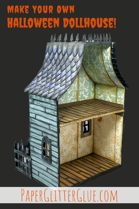 Cardboard dollhouse with wallpaper inside and an arches roof with a widows walk. Halloween Haunted House Diy, Halloween Dollhouse, Halloween Diorama, Cardboard Dollhouse, Haunted House Diy, Cardboard Recycling, Dollhouse Halloween, Baba Jaga, Haunted Dollhouse