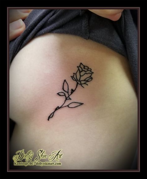 Side Ribs Tattoo, Rose Thigh Tattoo, Tattoo Single Needle, Rose Outline Tattoo, Ribs Tattoo, Tattoos On Side Ribs, Rose Tattoo Thigh, Rose Outline, Red Rose Tattoo