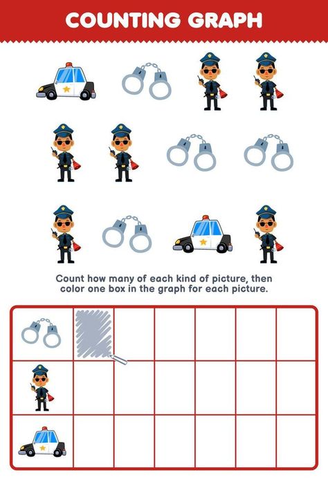 Education game for children count how many cute cartoon police car handcuffs then color the box in the graph printable profession worksheet Police Worksheet, Counting Worksheets, Game For Children, Numeracy, Police Car, Police Station, Free Activities, Policeman, Police Cars